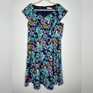 Kingfancy Floral Fit & Flare Dress Size XL Navy and Pastel Pinup Spring Office